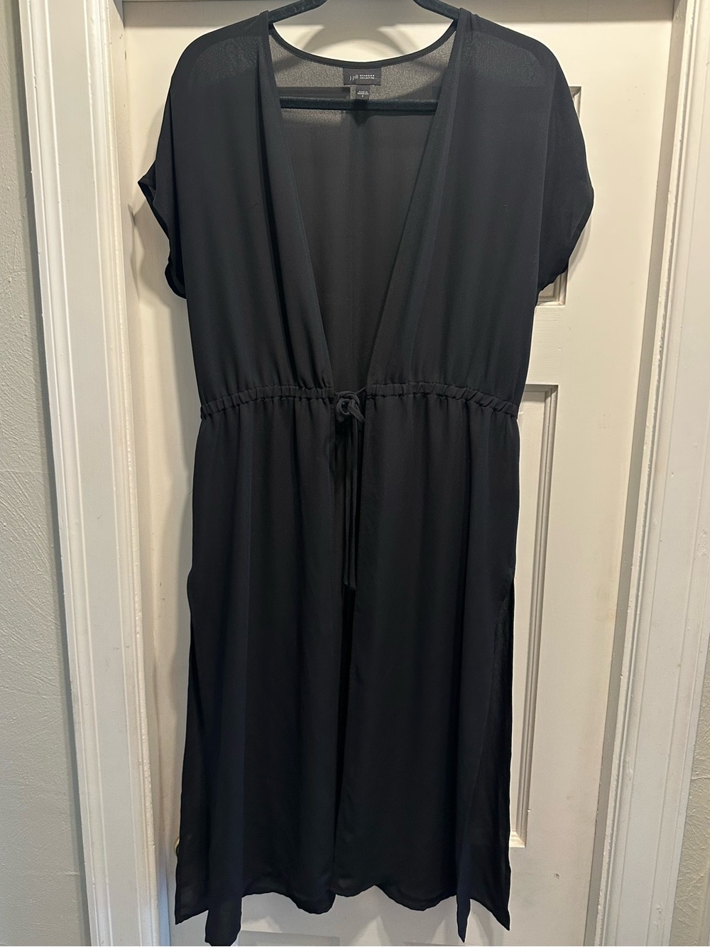 J Jill Black Sheer Drawstring V-Neck Dress